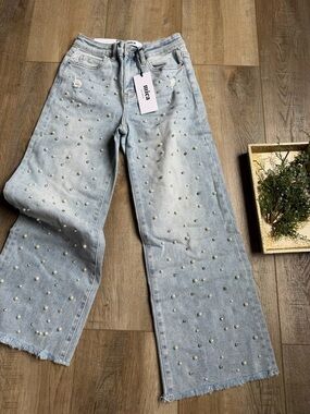 Mica Los Angeles Light Blue Pearl-Embellished Wide Leg Jeans size 26
